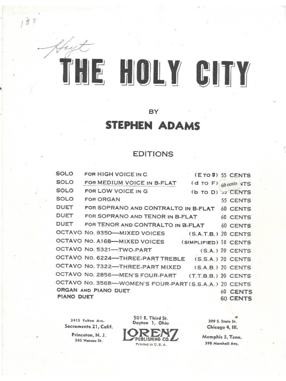 The Holy City Sheet Music Stephen Adams Medium Voice B-Flat Lorenz